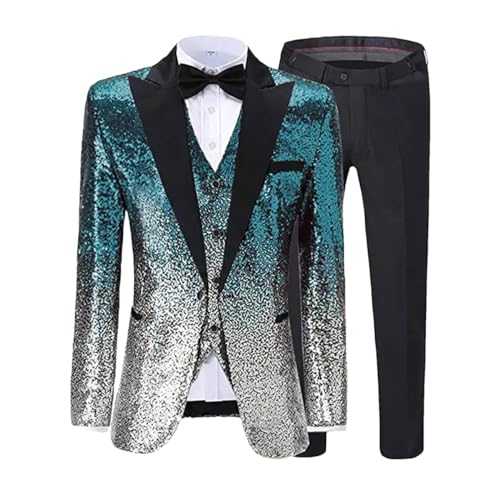 Mens 3 Pieces Shiny Sequin Suit Peak Notch Lapel for Wedding Party Groom Banquet Nightclub Blazer+Vest+Pant Set