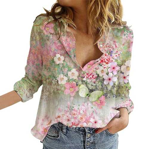 Summer Tops for Women UK Flower Print Button Down Long Sleeve Shirt Casual Floral V Neck Graphic Blouses Top Extra Womens T Shirts