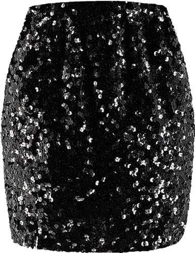 PINTORESCO Women's Sequin Skirt Sparkle Stretchy Bodycon Shiny Sequined Mini Skirts Night Out Party
