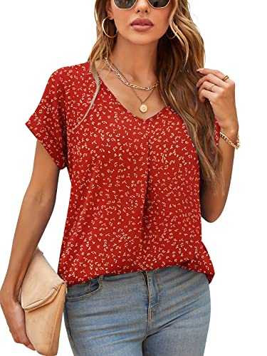 Yommay Blouses for Womens V Neck Ladies Tops Summer Chiffon Blouses Tops Short Sleeve Casual T Shirts