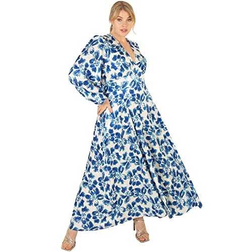 Lovedrobe Women's Dress for Plus Size Ladies V Neckline Maxi Long Sleeve Length Tie Belt Bishop Flower Pattern for Office Party