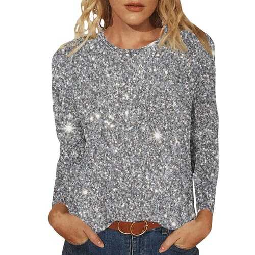Women Tops Shiny Printed Shirt Long Sleeve Round Neck Basic Blouses Classic Sequin Sparkly Festival Party Pullover Ladies Casual Loose Fall Winter T-Shirt Plus Size Pullover Top