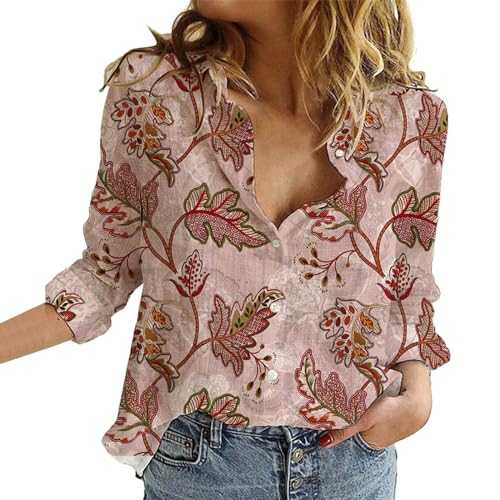 Muslin Blouse Women's Casual Loose Tops Blouses Women's Blouse Long Sleeve Shirts Casual V-Neck Summer Blouses for Women Flowers Blue Top Cotton Linen Tunic Summer Top Pink Blouse