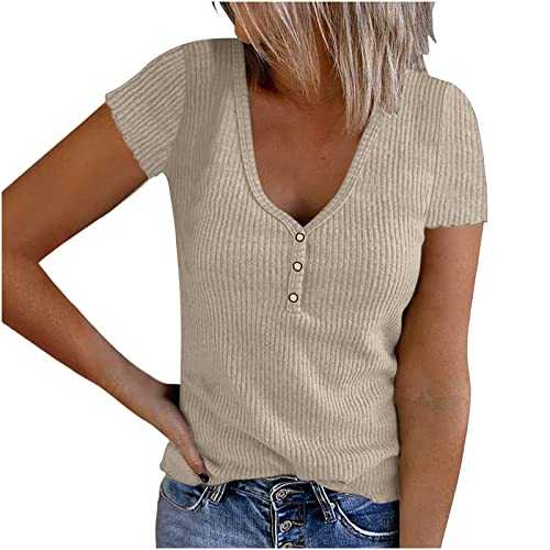 Clazshciyㅤ T Shirts for Women UK V Neck Short Sleeve Blouses Soild Color Button Loose Fit Tops Knitted Ribbed Pull Over T-Shirts Casual Dreesy Shirt Blouses for Work Street