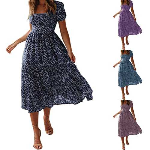 Women Dresses Fashion Square Neck Bubble Sleeve Flare Sleeve Dress Crushed Floral Print Dress Loose Fit Breathable Dress Soft and Comfortable Beachwear Floral Print Casual Flowy Midi Dress