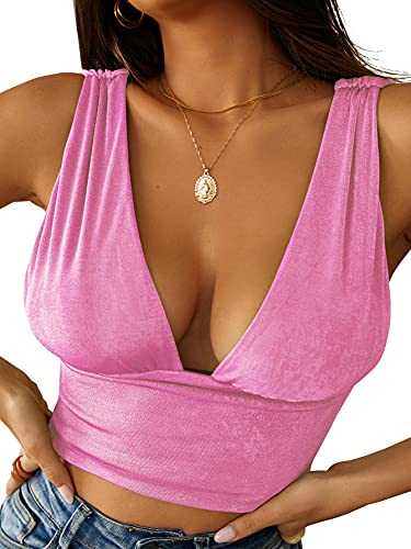 LYANER Women's Sexy Deep V Neck Slim Fitted Strap Crop Cami Tank Sleeveless Top