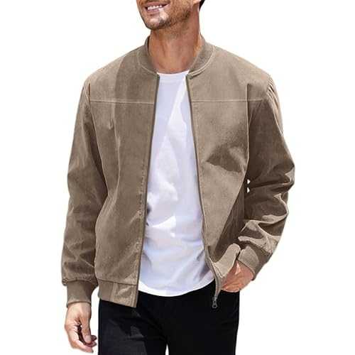 FWSHANGMAO Mens Faux Suede Bomber Jacket Leather Casual Jacket Baseball Varsity Style Jacket Smart Casual Cargo Jackets Windbreaker Sport Jacket Classic Zip Jacket