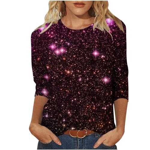 Wyongtao Womens Tunic Tops UK Sale Clearance Sparkle Sequin Print Ladies 3/4 Sleeve Tops Crew Neck Casual Loose Fit Tees Stylish Graphic Pullover Tops Summer Tunic Blouses Shirts Plus Size S-5XL