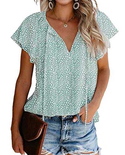 Mansy Women's Casual Floral Print V Neck Ruffle Short Sleeve Summer Shirts Tops Loose Blouses