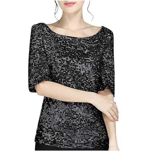 AMhomely Sparkling Tops for Women Elegant Tops for Women UK New Years Eve Half Sleeve Sequin Tunic Tops Crewneck Casual Pullover Tops Shiny Glitter Pullover Tops Clubwear Party Wear