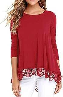 QIXING Oberteil Spitze Damen Rundhals-Ausschnitt Tunika Damen Elegant Casual Bluse Damen Langarm/Kurzarm