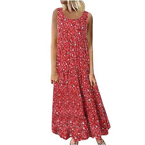 Dress for Women Sleeveless Floral Pull On Swing Dresses Maxi Flowing Scoop Neck Clothes