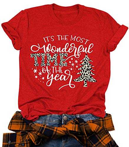 Its The Most Wonderful Time The Year Shirt Women Funny Leopard Plaid Christmas Tree T-Shirt Holiday Graphic Tee Tops - Red - X-Large
