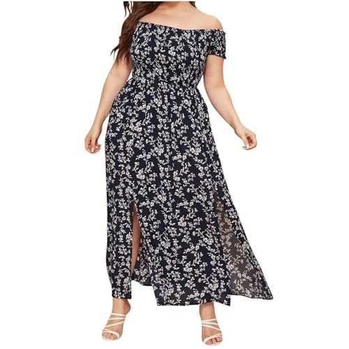 Zeiayuas Plus Size Dress for Women Off Shoulder Bandeau Dresses Summer Split Maxi Dress Boho Casual Beach Dress Milkmaid Sundress A-Line Short Sleeve Vintage Milk Maid Dress Ladies