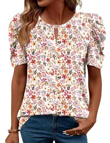 iWoo Women's T-Shirts Crew Neck Top Short Sleeve Blouse Pleated Gigot Sleeve Tops Dressy Fashion Tunic Blouses Shirts