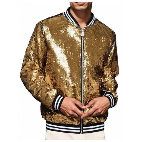 Men's Varsity Jacket Halloween Carnival Party Disco Shiny Sparkly Glitter Sequins Bomber Jacket Light Shiny Clubwear Carnival Costume Men's Metallic Nightclub Jacket