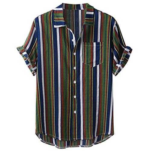 Yowablo Shirt Blouse Men Colourful Summer Short Sleeve Loose Buttons Hawaiian Casual 001