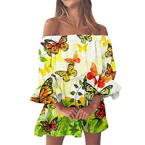 Off The Shoulder Dresses for Women Sale Clearance UK Bohemian Floral Print Mini Dress Ladies Stylish Summer Beach Holiday Midi Dresses Sexy Casual Bell Sleeve Sundress Going Out Outfits