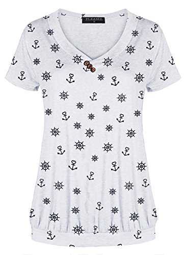 FLEASEE Women's Casual Short Sleeve Basic Tee V-Neck Shirts Stretch Pleated Tunic with Buttons All-Over Minimal Print Summer Tops