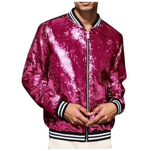 Cexiakong Men's Metallic Sequin Jacket with Zip Baseball Bomber Jacket for Halloween 70s 80s Party Dance Disco Metallic Shiny Glitter Hiphop Long Sleeve Biker Jacket Outwear Party