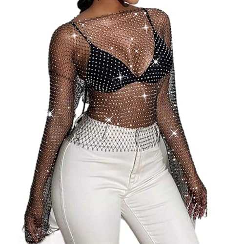 Yokawe Black Fishnet Rhinestone Crop Top, Long Sleeve Mesh Glitter Party Festival Top for Women & Girls, Black, 0-10