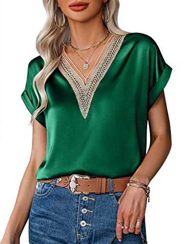 Zeagoo Damen T-Shirt Satin Bluse Spitze V-Ausschnitt Hemd Elegant Blusen Kurzarm Tunika Top Lässiges Oberteile Sommer Locker Tops