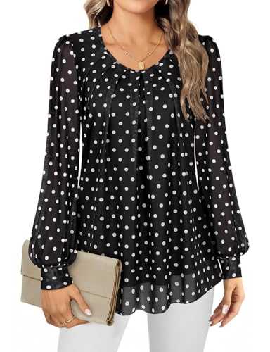 Gemulate Women's Blouses Ladies Long Sleeve Tops Chiffon Tops for Women UK Crew Neck Pleated Front Loose Fit Ladies Top Flowy Double Layered Mesh Shirts M-3XL