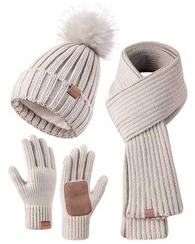 FISFET Hat Scarf and Gloves Set Ladies, Winter Beanie Hat for Women with Pom Pom Fleece Lined Warm Thermal, Bobble Hat Touchscreen Gloves Women Scarf Neck Warmer 3 in 1 Cold Weather Set
