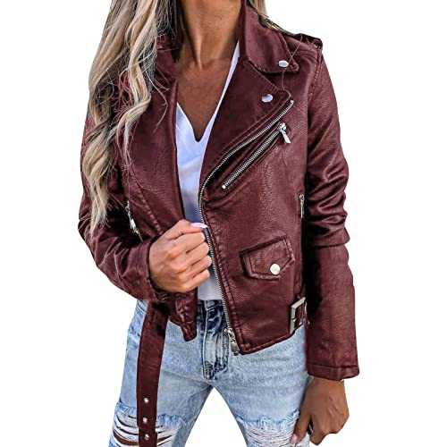 Cocila Women Classic Faux Leather Jacket Ladies Autumn Winter Jacket PU Leather Coat Jacket Locomotive Short Style Zipper Coat Caplet Coat