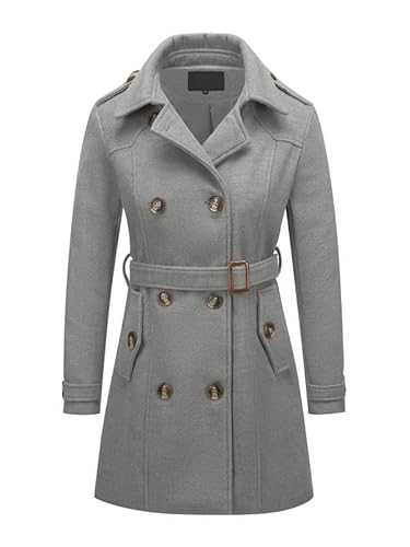 Womens Pea Coat Double Breasted Wool Coat Long Winter Trench Coat with Belt