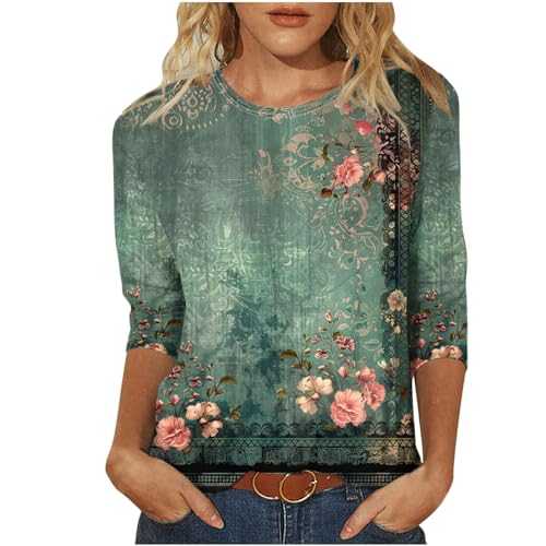 Women's 3/4 Sleeve Tops Casual Crewneck Vintage Tunic T Shirts Loose Fitting Three Quarter Length Sleeve Tunic Tops Elegant Floral Printed Tees Fall Blouses for Ladies UK S-3XL