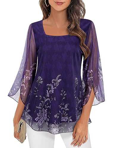 Womens Blouses Ruffle 3/4 Sleeve Tunic Tops Loose Flowy Square Neck Chiffon Top Double Layers Mesh Shirts M-3XL