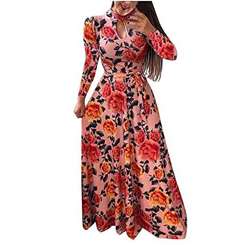 AMhomely Summer Dress for Women,Ladies Long Sleeve Bandage Print O-Neck Button Down Casual Long Dress UK Size