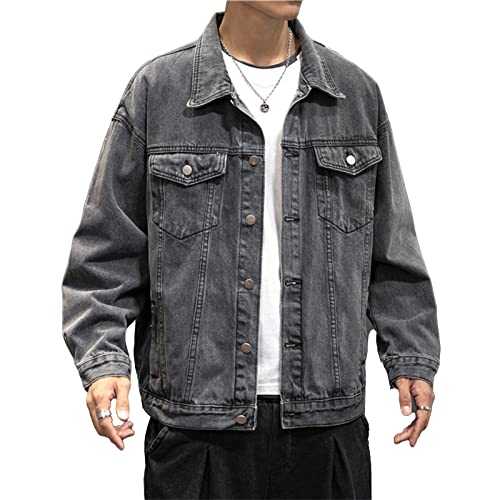 RGVV Jeans Jacket Men, Trucker Jacket Jeans Lightweight Casual Jacket Dark Grey Transitional Jacket Button Down Lapel Coat Slim Fit Stretch Denim Jacket Biker Classic Cargo Jacket For Men