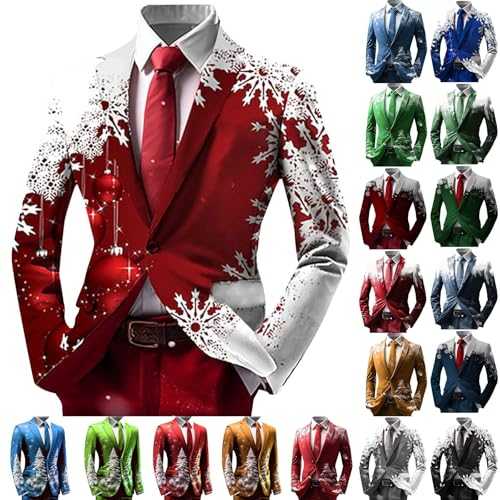 VYLYNL Xmas Blazer Jackets for Men Christmas Snowflake Printed Suits Jacket Funny Christmas Blazer Single Braested Suits Jackets for Party Lapel Xmas Suits Slim Fit Xmas Jacket with Pockets