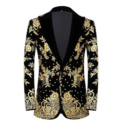 BoShiNuo Mens Gold Embroidery Blazer Jacket Slim Fit One Button Tuxedo Blazer Party Banquet Stage Prom Dress Blazer