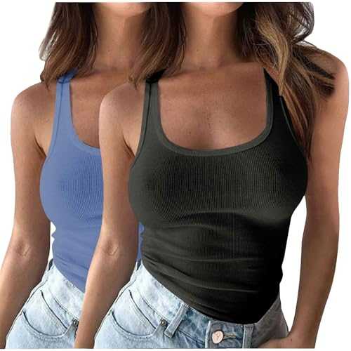 1-2PC Women Sexy Vest Tops Rib Tank Top Scoop Neck Sleeveless Top Padded Workout Top Plain Crop Tops Slim Fitted Cami Tops Basic Camisole Stretchy Strappy Yoga Tank Casual Summer Tops