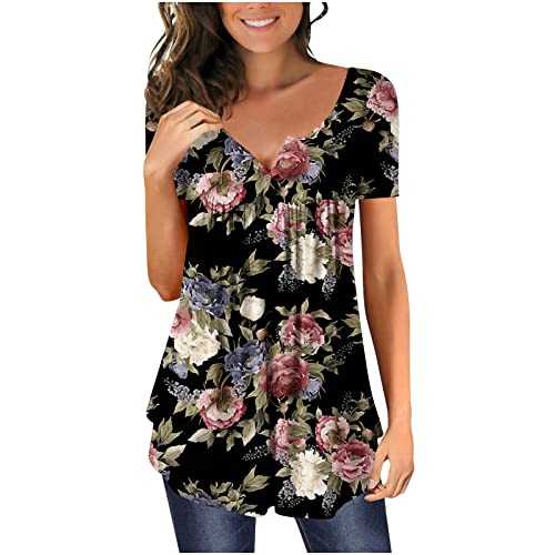 AMhomely Womens Tops Casual Short Sleeve T-Shirt V Neck Buttons Up Floral Printed Blouse Tunic