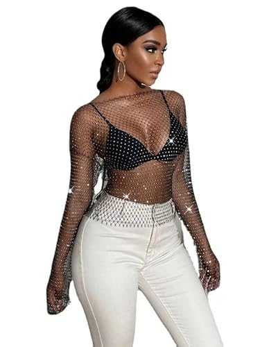 Women's Sheer See Through Long Sleeve Mesh Blouse Tops Pearl Rhinestone Glitter Sequin Tee Shirt Sparkle Clubwear