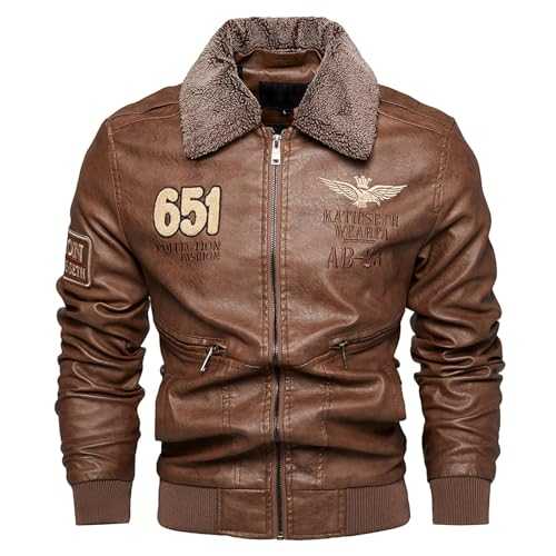 Retro PU Bomber Jacket, Men's Casual Embroidery Zip Up Lapel Faux Leather Jacket for Fall Winter, Mens Vintage Brown Ginger Heepskin Aviator Flying Leather Jacket Removable Collar