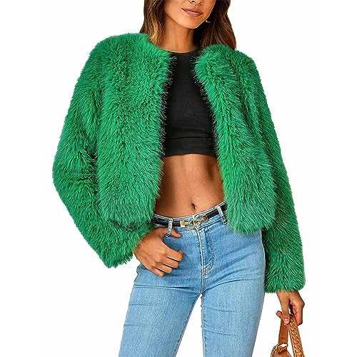 FeMereina Women's Winter Coats Fleece Cropped Faux Fur Jacket Solid Color Long Sleeve Shaggy Warm Outerwear Fall Clothes