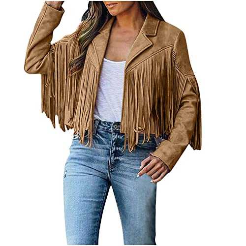 AMhomely Womens Western Coats with Tassels Faux Suede Leather Cowboy Style Fringe Coat Ladies Casual Long Sleeve Cardigan Coat, Multicoloured, XXL