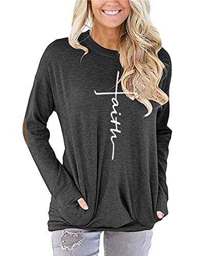 ZILIN Women's Faux Suede Elbow Patch T-Shirt Long Sleeve Letter Print Color Block Tunic Tops