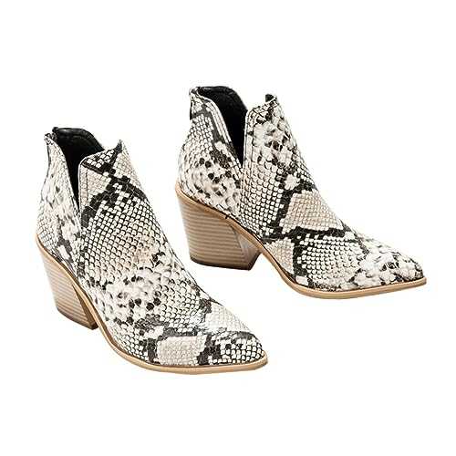 BESTYASH Stylish Women' Ankle Booties Thicken Mid High Heel Slip Resistant Boots with Pointed Toe Autumn Fashion Snake Print for Casual Outings