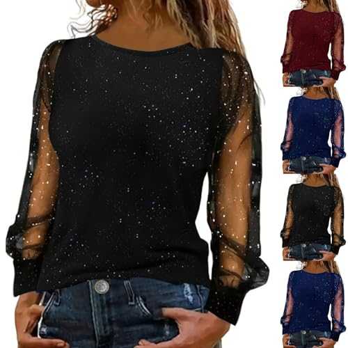 Sparkly Tops for Women UK Long Sleeve Sequin Shiny Shirts Blouses Evening Clubbing Party T-Shirt Casual Mesh Blouse Glitter Sexy Outfits Fashion Tunic