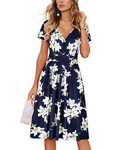 OUGES Women's Autumn Summer Midi Dress V-Neck Short/Long Sleeve Dress Floral Ladies Warp Dress with Pockets