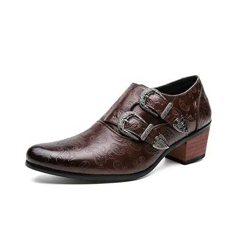 Oxford Shoes for Men Slip On Double Monk Strap Carving Hight Heel Vegan Leather Rubber Sole Low Top Anti-Slip Block Heel Non Slip Casual