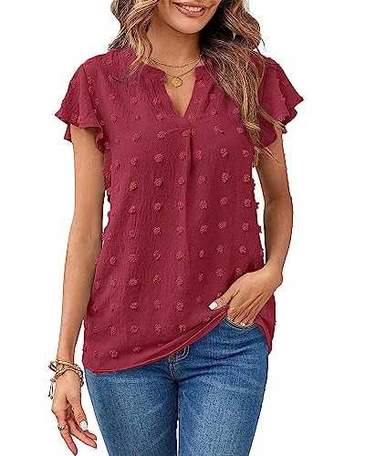 Womens Tops V-Neck Chiffon Short Sleeve with Ruffle Trim Shirts Swiss Polka Dot Summer Tops Casual Blouses Ladies Tops Solid T-Shirts.