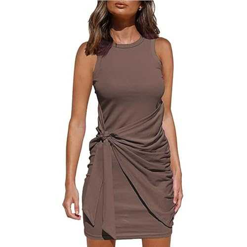 Women's Summer Dress Casual Sleeveless Tank Dress Crewneck Basic Workout Mini Dress Ruched Tie Waist Short Pencil Dresses