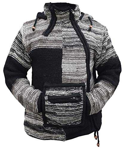 Gheri Men's Woolen Patch Kangaroo Pouch Fleece Lined Hand Knitted Winter Jacket Hoodie